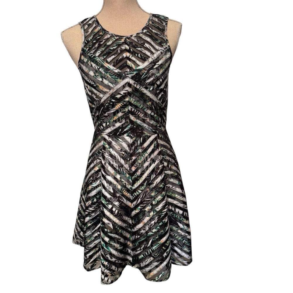 PARKER DRESS FIT FLARE SLEEVELESS BLACK WHITE GREEN STRIPS PANELS SHEER SIZE XS